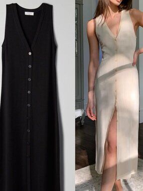 Aritzia Babaton Jayce Dress Button Front Ribbed Midi Black Size XS